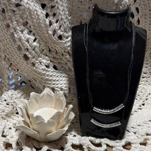 Handcrafted Black leather Cord Silver Tone Double Bar Necklace